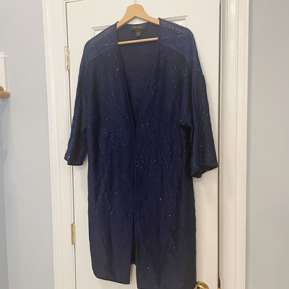 St. John Blue Knit Cardigan Coat Sequin Sparkle Size Large - Picture 2 of 8